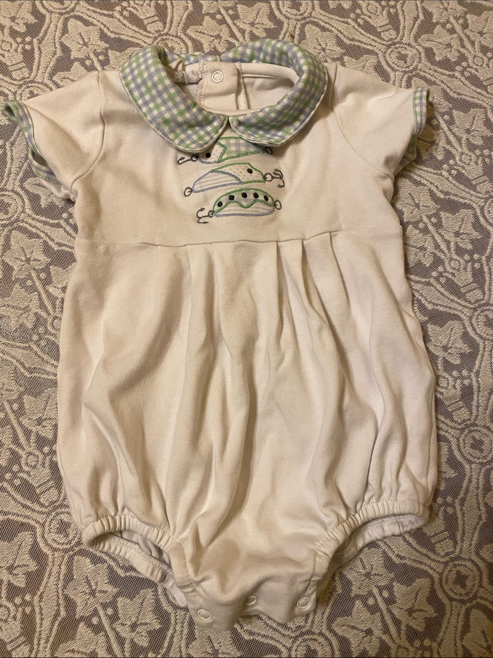 Classic Baby One-Piece Romper in Cream with Green Trim
